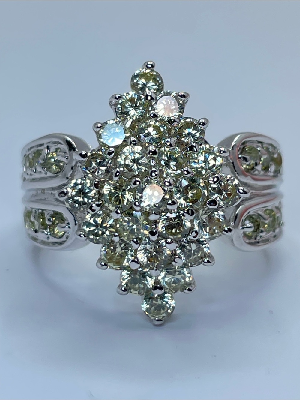 Swarovski Crystal Elements Pale Yellow Art Deco Vintage Look Silver Ring Sz 7